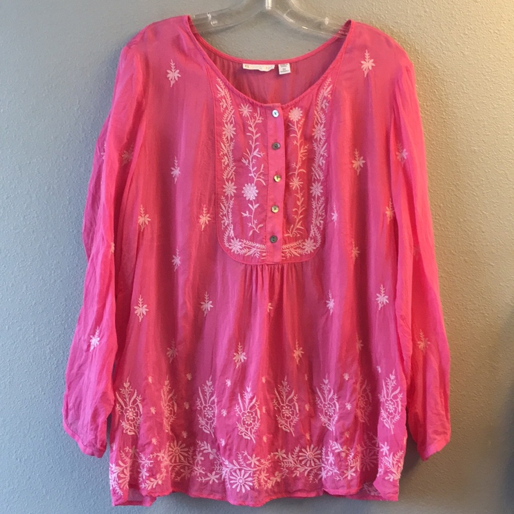 J Jill-Pink/white floral 1/4 sleeve peasant top-1X